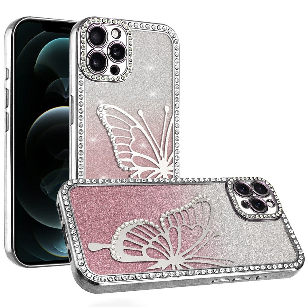 For iPhone 12 Pro Max Case Large Bling Butterfly Glitter Case + Tempered Glass