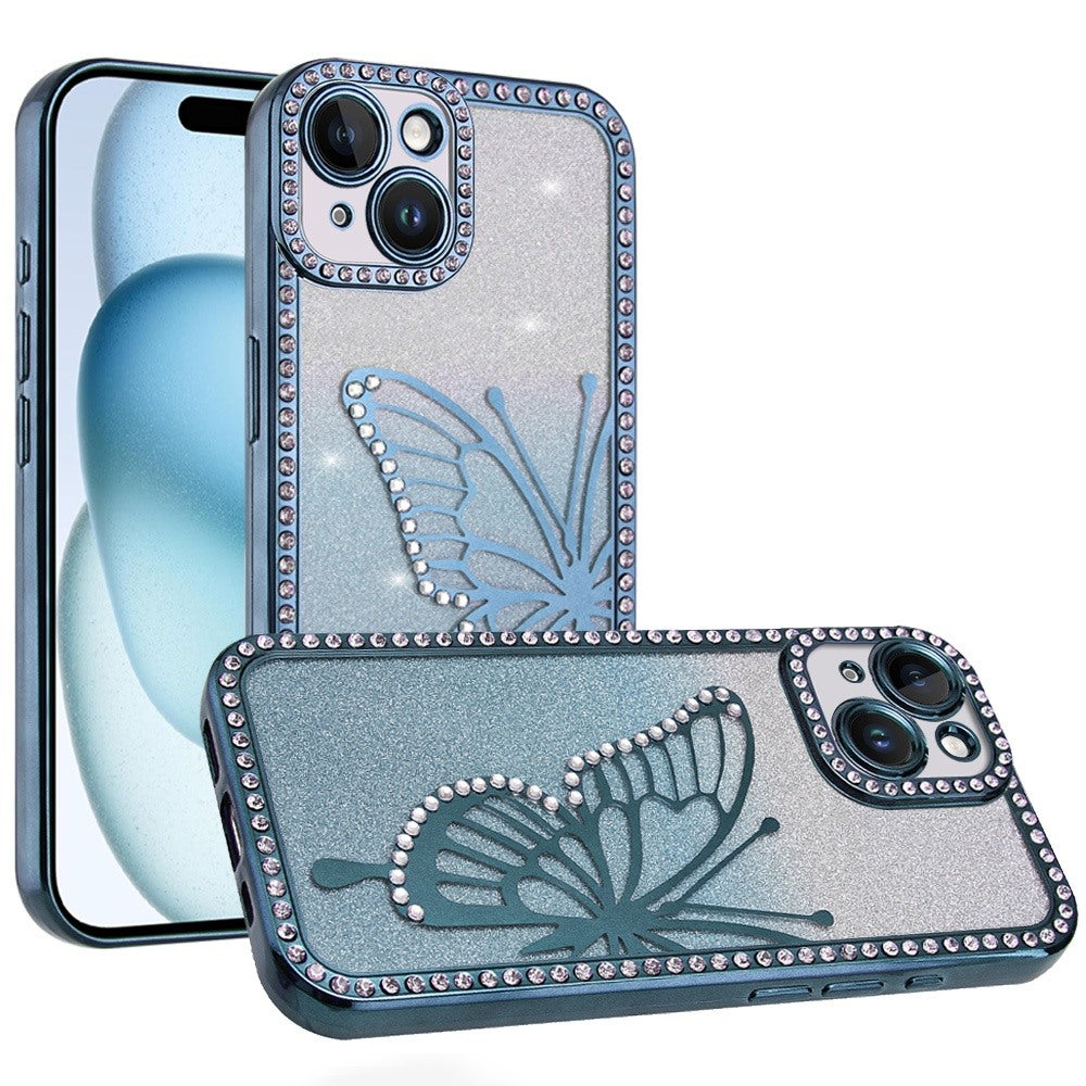 For iPhone 15 Case Large Bling Electroplated Butterfly Glitter +2 Tempered Glass