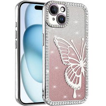 For iPhone 15 Case Large Bling Electroplated Butterfly Glitter +2 Tempered Glass