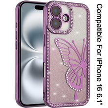 For iPhone 16 6.1inch Case Large Bling Butterfly Glitter Cover + Tempered Glass