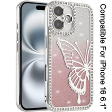 For iPhone 16 6.1inch Case Large Bling Butterfly Glitter Cover + Tempered Glass