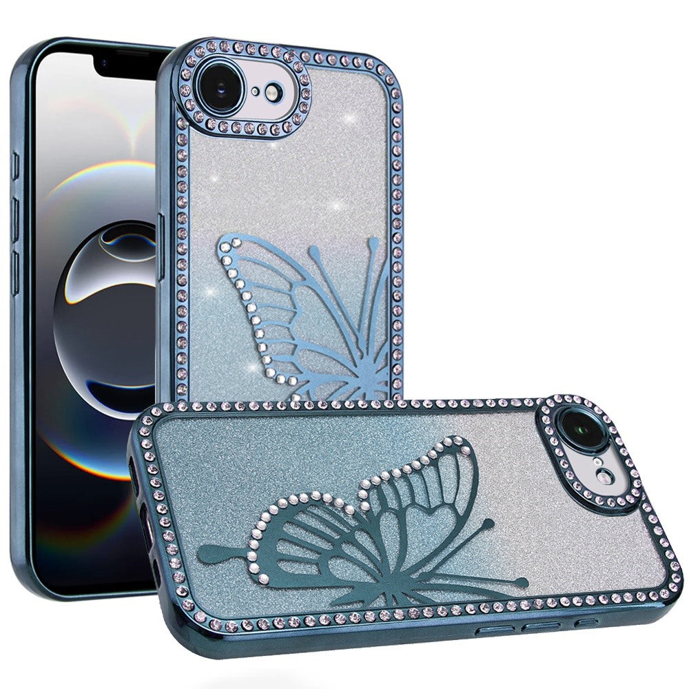 For iPhone 16e Case Large Bling Butterfly Glitter Phone Cover + Tempered Glass