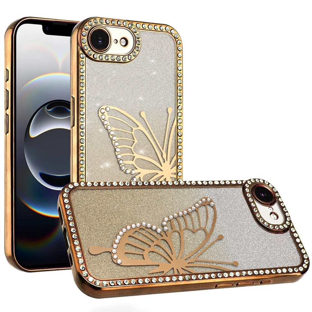 For iPhone 16e Case Large Bling Butterfly Glitter Phone Cover + Tempered Glass