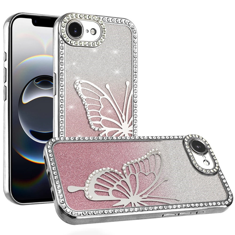 For iPhone 16e Case Large Bling Butterfly Glitter Phone Cover + Tempered Glass