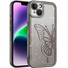 For iPhone 13/14 Case Large Bling Butterfly Glitter Phone Cover + Tempered Glass