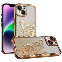 For iPhone 13/14 Case Large Bling Butterfly Glitter Phone Cover + Tempered Glass