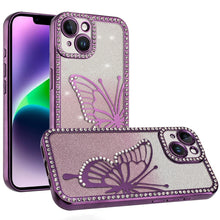 For iPhone 13/14 Case Large Bling Butterfly Glitter Phone Cover + Tempered Glass