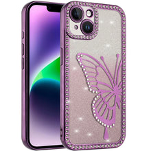 For iPhone 13/14 Case Large Bling Butterfly Glitter Phone Cover + Tempered Glass