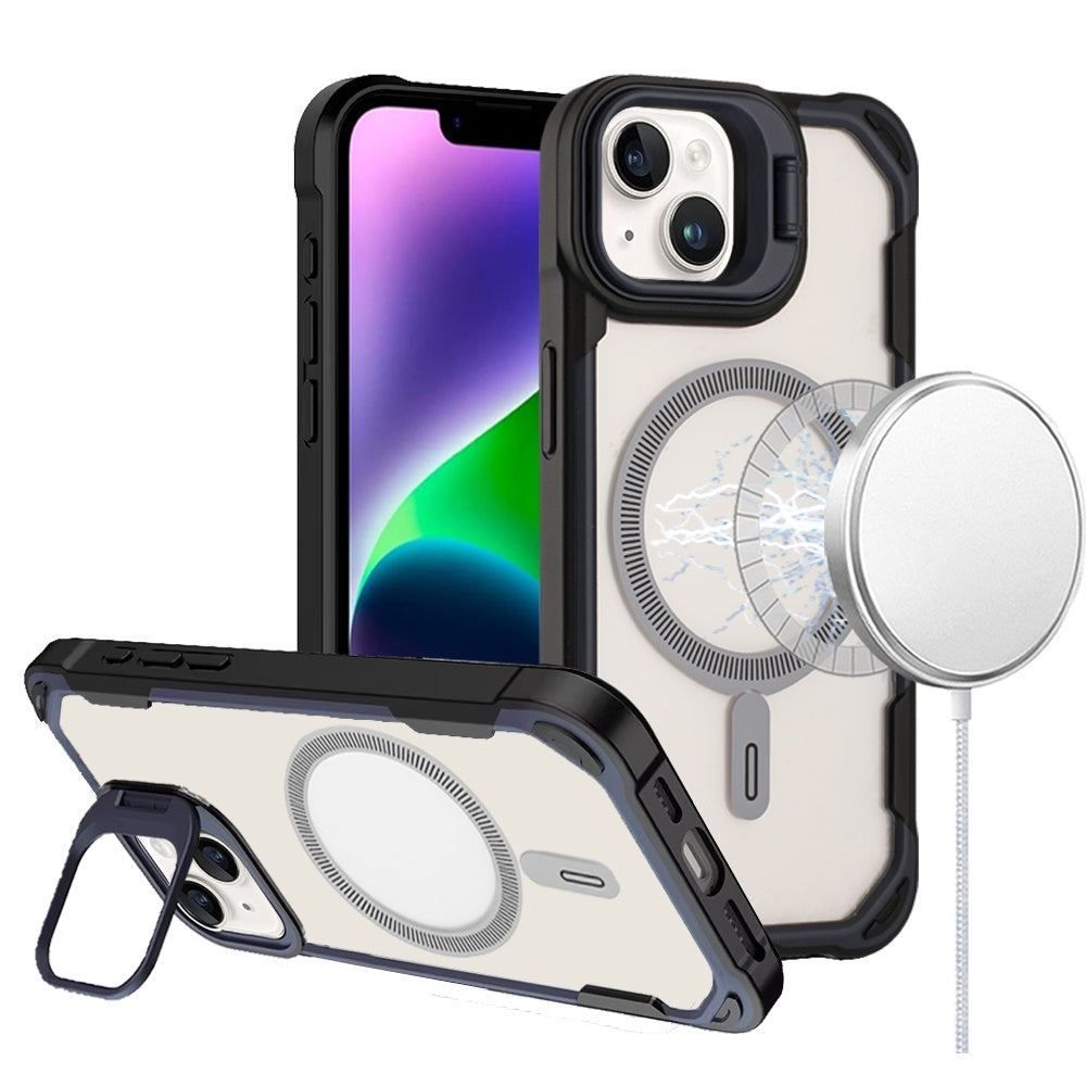 For iPhone 13/14 Case Rugged Magnetic Circle Lens Stand Cover + Tempered Glass