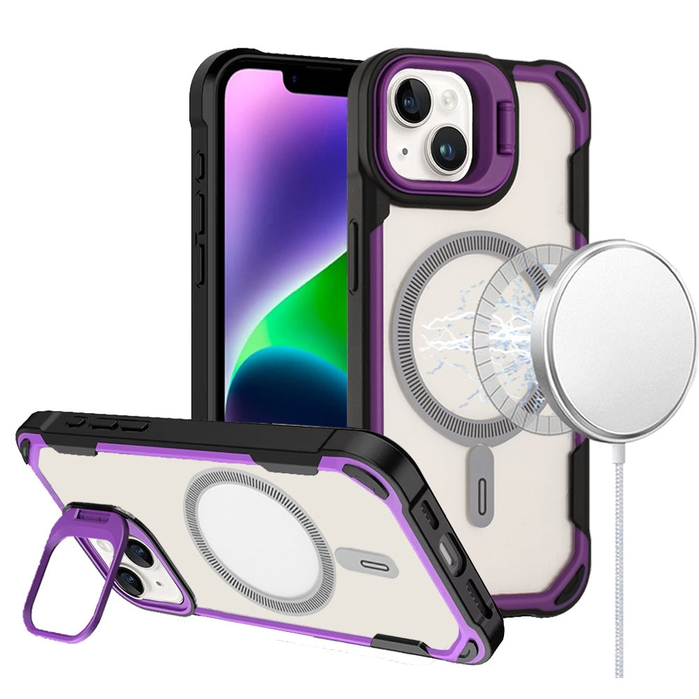For iPhone 13/14 Case Rugged Magnetic Circle Lens Stand Cover + Tempered Glass