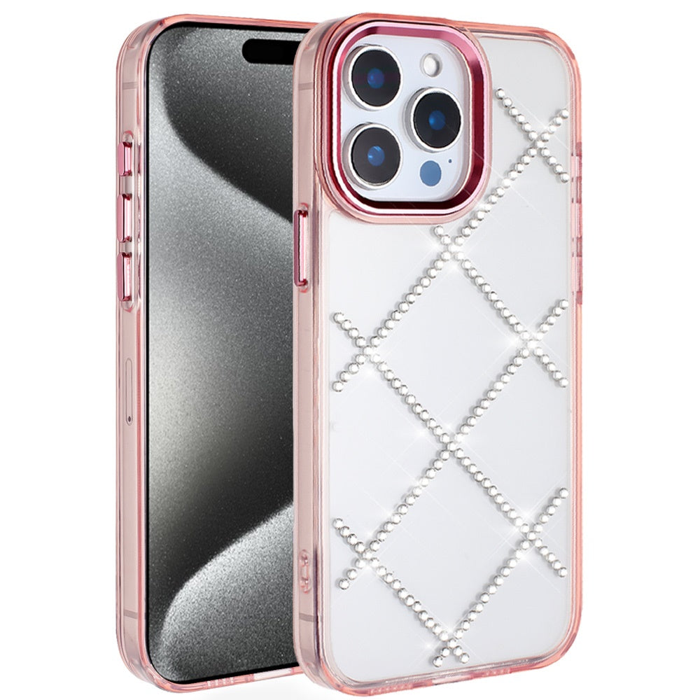 For iPhone 15 Pro Max Case Gem Bling Diamond Pattern Cover + 2 Tempered Glass