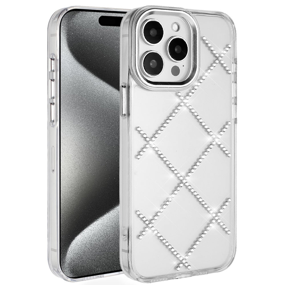 For iPhone 15 Pro Max Case Gem Bling Diamond Pattern Cover + 2 Tempered Glass