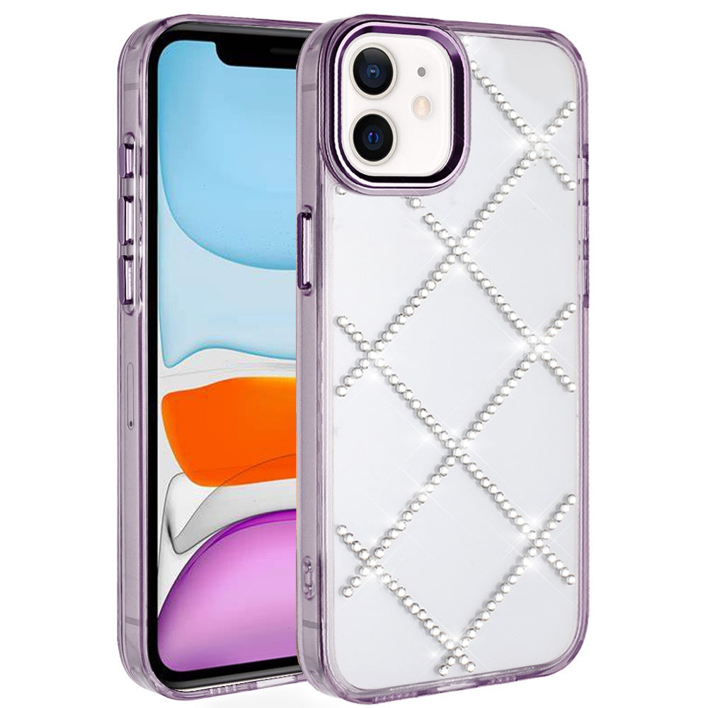 For iPhone 11 6.1 in. Case Gem Bling Diamond Pattern Cover + Tempered Glass
