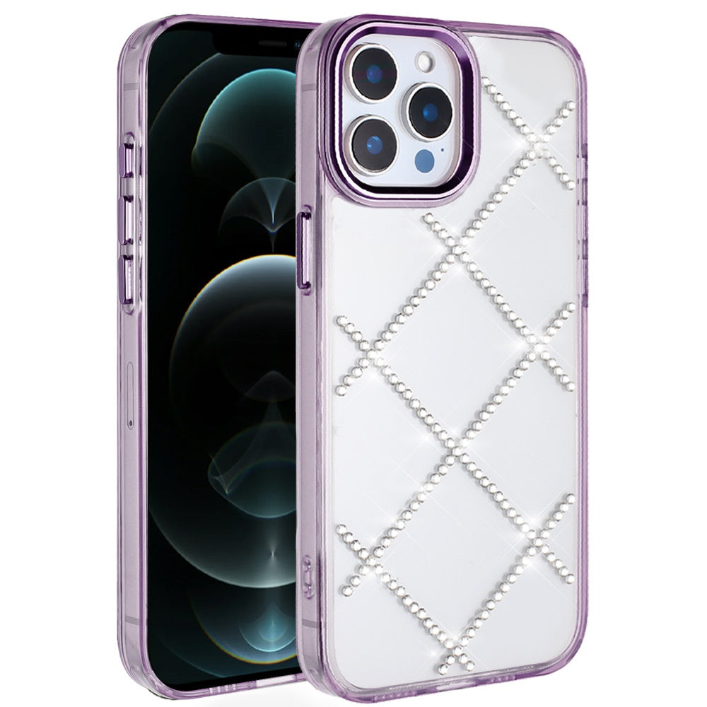 For iPhone 12 Pro Max Case Gem Bling Diamond Pattern Cover + Tempered Glass