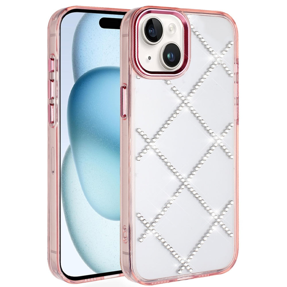 For iPhone 15 Case Gem Bling Diamond Pattern Rhinestone Cover + 2 Tempered Glass