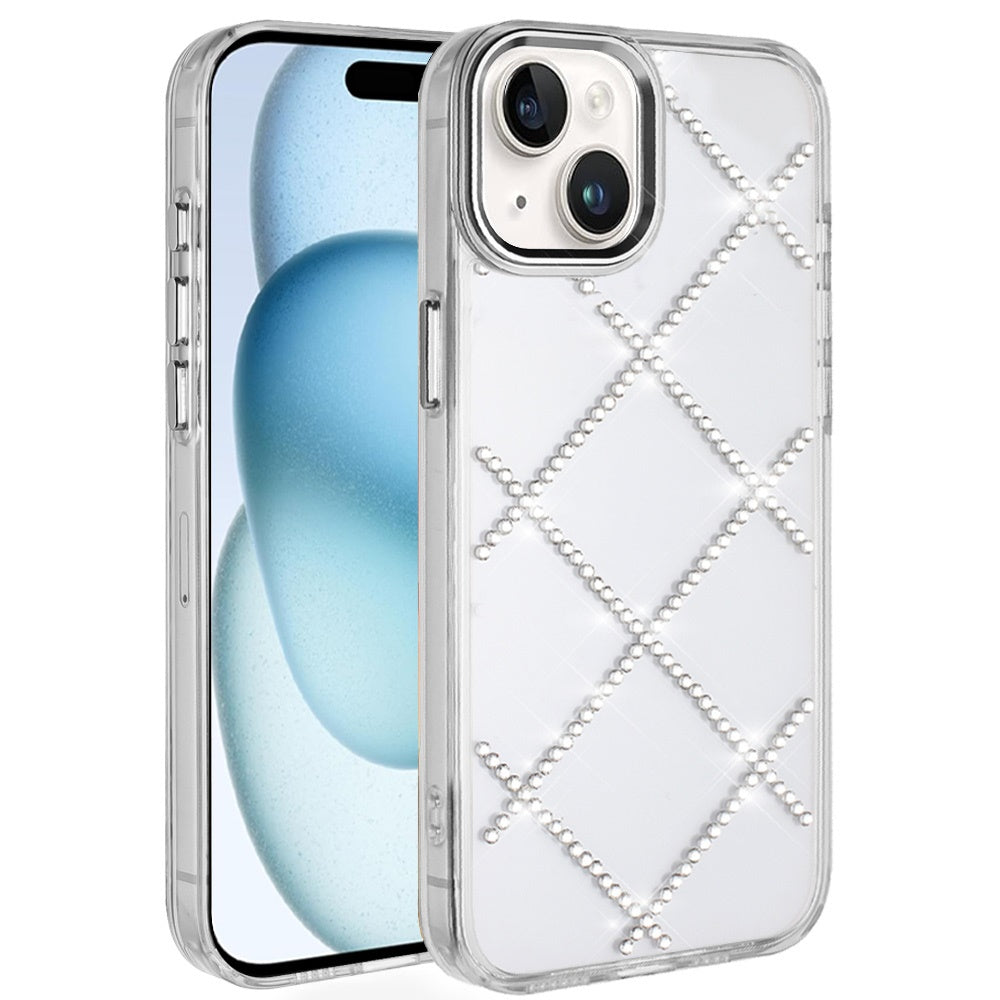 For iPhone 15 Case Gem Bling Diamond Pattern Rhinestone Cover + 2 Tempered Glass