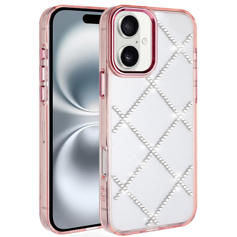 For iPhone 16 6.1inch Case Gem Bling Diamond Pattern Cover + Tempered Glass