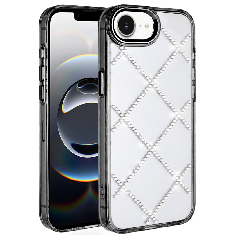 For iPhone 16e Case Gem Bling Diamond Pattern Rhinestone Cover + Tempered Glass