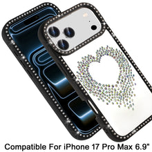 For iPhone 17 Pro Max Case Heart Shaped Crystals Bling Border + Tempered Glass