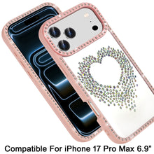 For iPhone 17 Pro Max Case Heart Shaped Crystals Bling Border + Tempered Glass