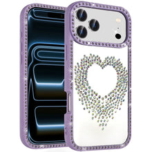 For iPhone 17 Pro Max Case Heart Shaped Crystals Bling Border + Tempered Glass