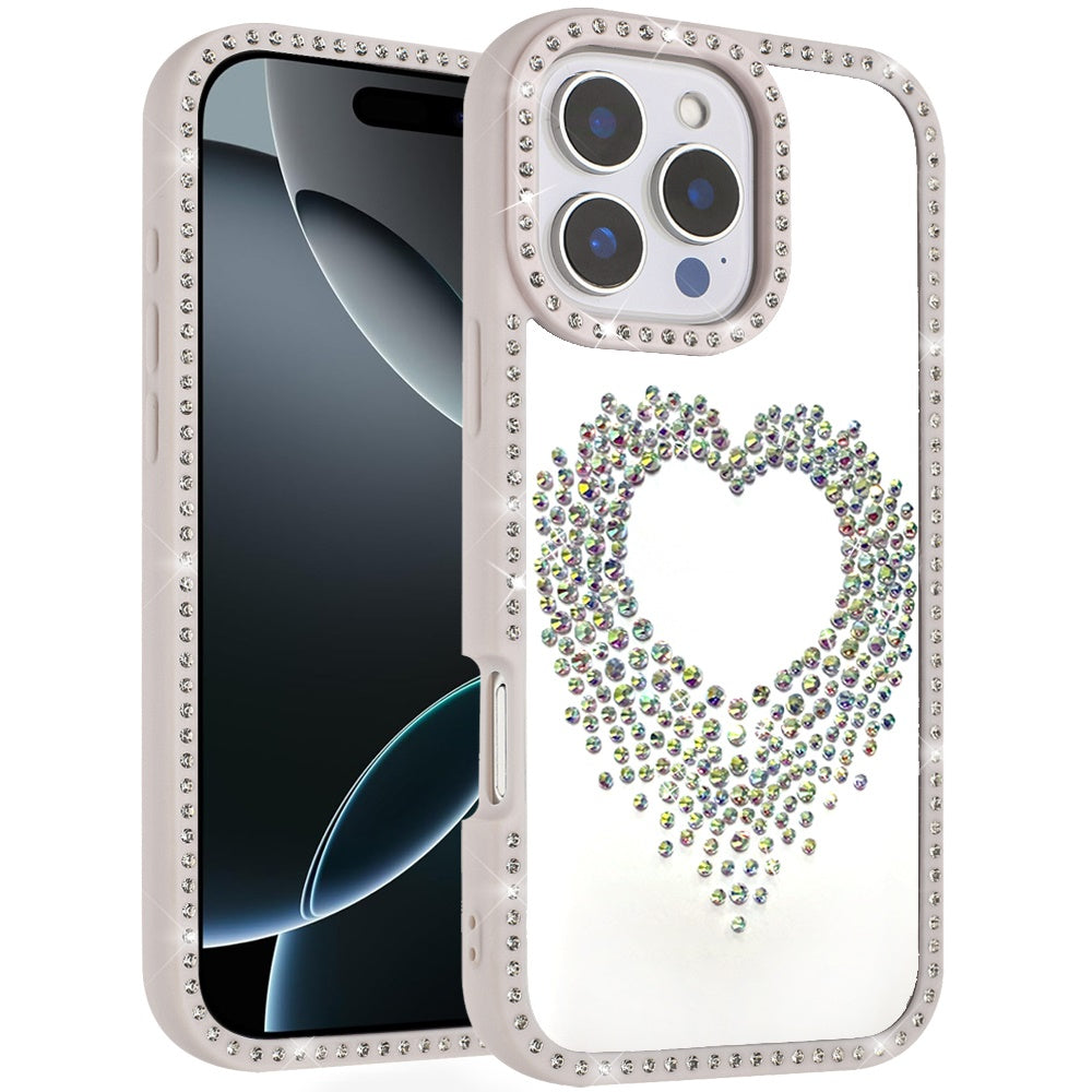 For iPhone 16 PRO MAX Case Heart Shaped Crystals w/ Bling Trim + Tempered Glass