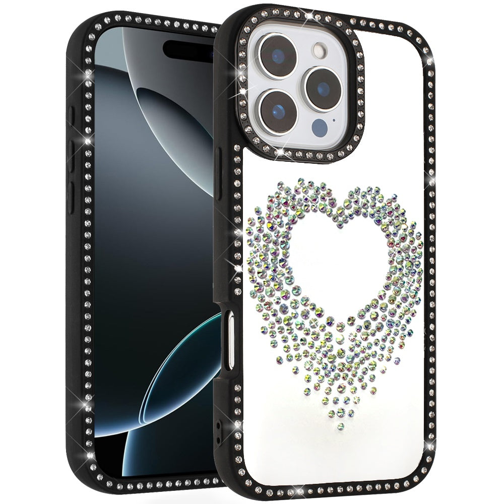 For iPhone 16 PRO MAX Case Heart Shaped Crystals w/ Bling Trim + Tempered Glass