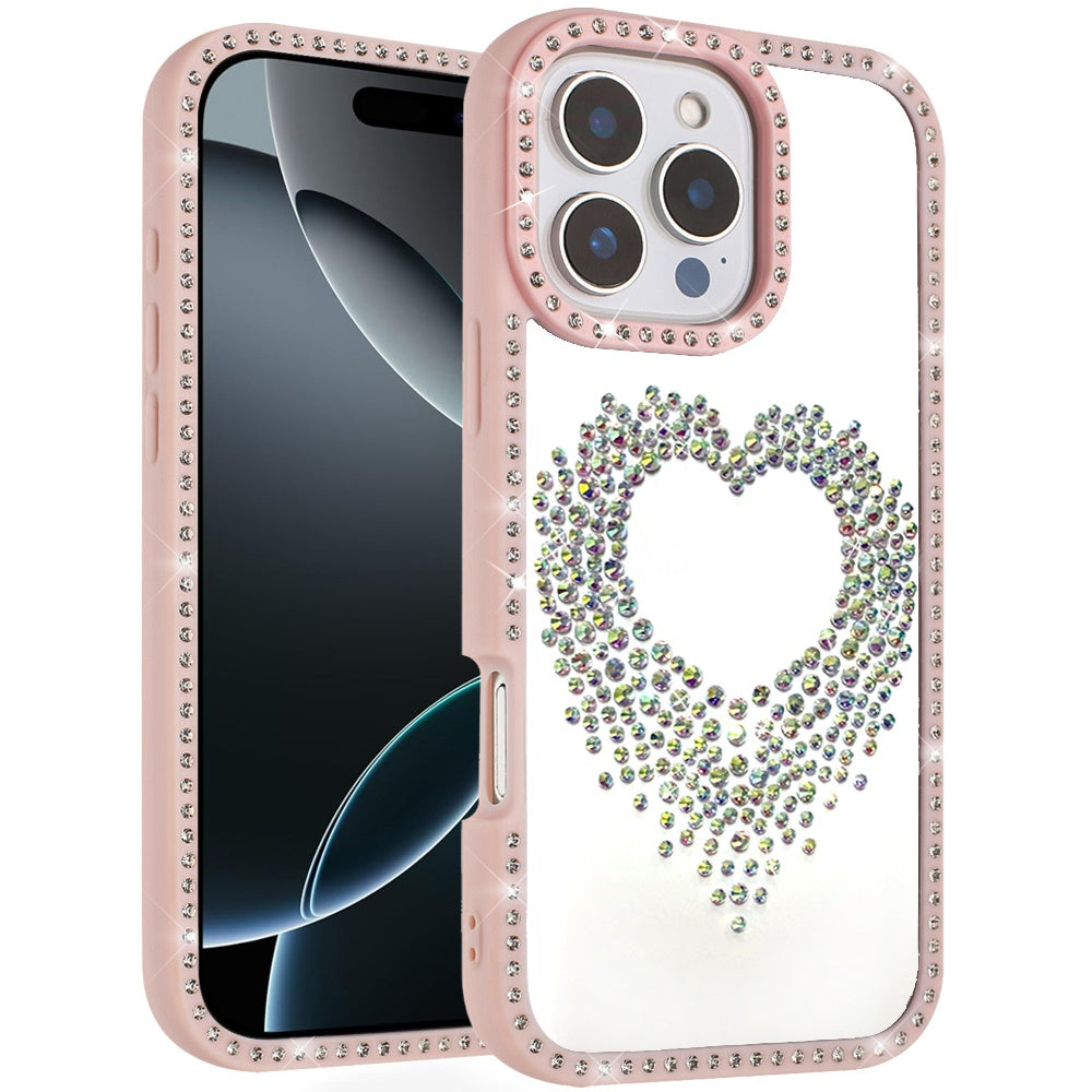 For iPhone 16 PRO MAX Case Heart Shaped Crystals w/ Bling Trim + Tempered Glass