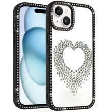 For iPhone 15 Case Heart Shaped Crystals w/ Bling Border Trim + 2 Tempered Glass