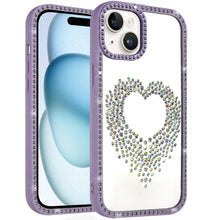 For iPhone 15 Case Heart Shaped Crystals w/ Bling Border Trim + 2 Tempered Glass