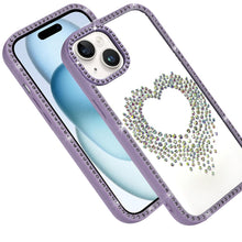 For iPhone 15 Case Heart Shaped Crystals w/ Bling Border Trim + 2 Tempered Glass
