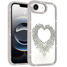 For iPhone 16e Case Heart Shaped Crystals w/ Bling Border Trim + Tempered Glass