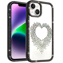 For iPhone 13/14 Case Heart Shaped Crystals w/ Bling Border Trim +Tempered Glass