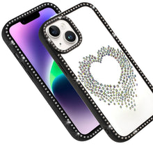 For iPhone 13/14 Case Heart Shaped Crystals w/ Bling Border Trim +Tempered Glass