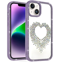 For iPhone 13/14 Case Heart Shaped Crystals w/ Bling Border Trim +Tempered Glass