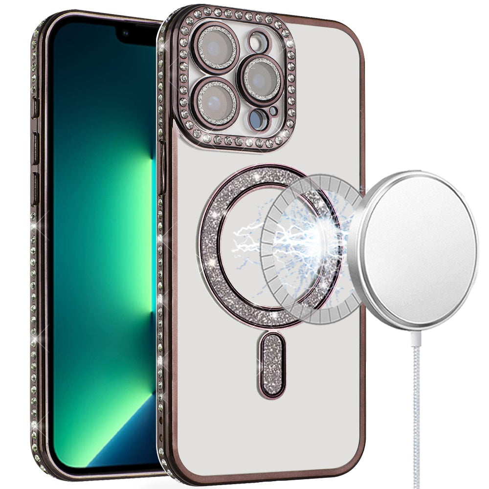 For iPhone 13 Pro Max Case Rhinestone Bling Trim with Bling Magnetic Circle