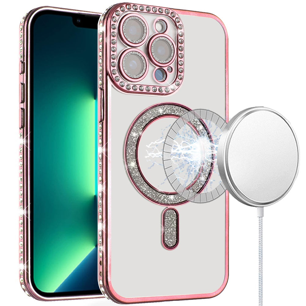 For iPhone 13 Pro Max Case Rhinestone Bling Trim with Bling Magnetic Circle