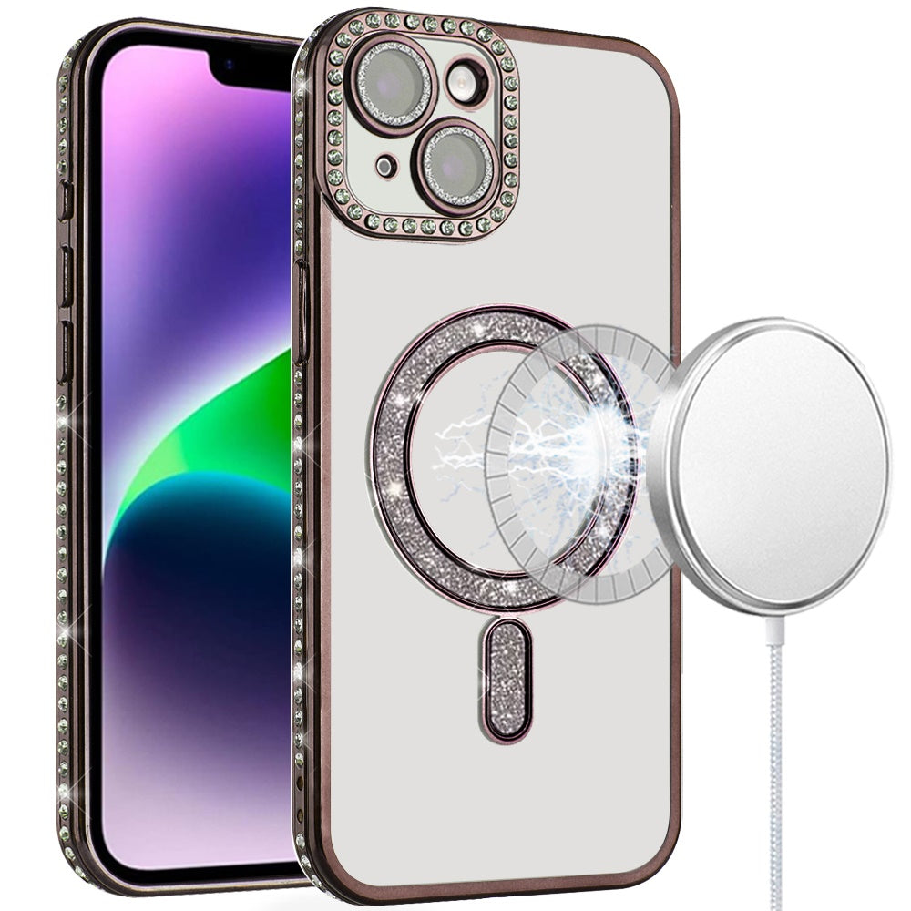 For iPhone 13/14 Case Rhinestone Bling Trim Magnetic Circle + Tempered Glass