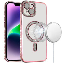 For iPhone 13/14 Case Rhinestone Bling Trim Magnetic Circle + Tempered Glass