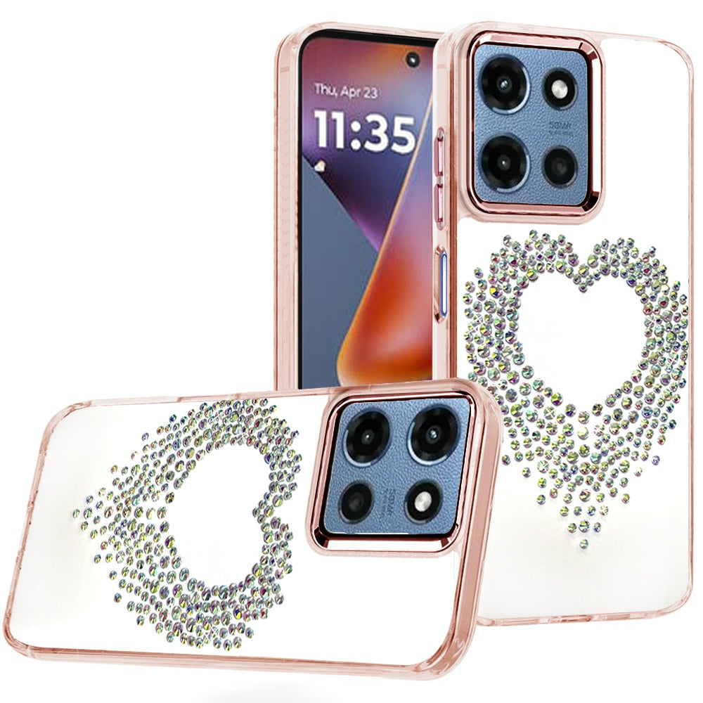 For Moto G 2025 Case Heart Shaped Rhinestones on Clear Cover + Tempered Glass