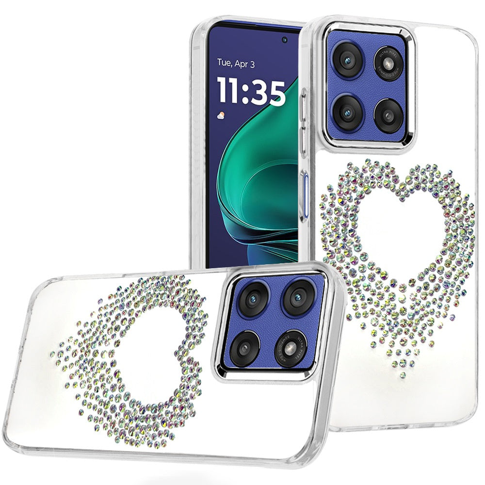 For Moto G Stylus 2025 Case Heart Shaped Rhinestones Clear Cover +Tempered Glass