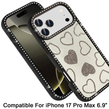 For iPhone 17 Pro Max Case Rhinestone Hearts Bling Around Trim + Tempered Glass