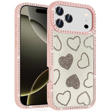 For iPhone 17 Pro Max Case Rhinestone Hearts Bling Around Trim + Tempered Glass