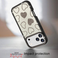 For iPhone 17 PRO Case Rhinestone Hearts Bling Around Border + Tempered Glass