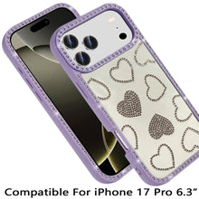 For iPhone 17 PRO Case Rhinestone Hearts Bling Around Border + Tempered Glass