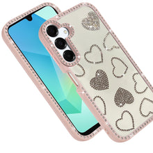 For Samsung A16 5G Case Rhinestone Hearts w/ Bling Around Trim + Tempered Glass