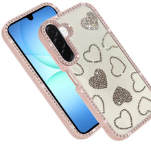 For Samsung A17 5G Case Rhinestone Hearts w/ Bling Around Trim + Tempered Glass