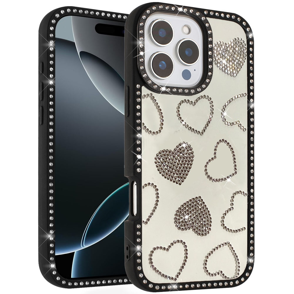 For iPhone 16 PRO MAX Case Rhinestone Hearts with Bling Border + Tempered Glass
