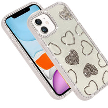 For iPhone 11 6.1 in. Case Rhinestone Hearts Bling Around Trim + Tempered Glass