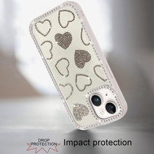 For iPhone 15 Case Rhinestone Hearts with Bling Around Trim + 2 Tempered Glass